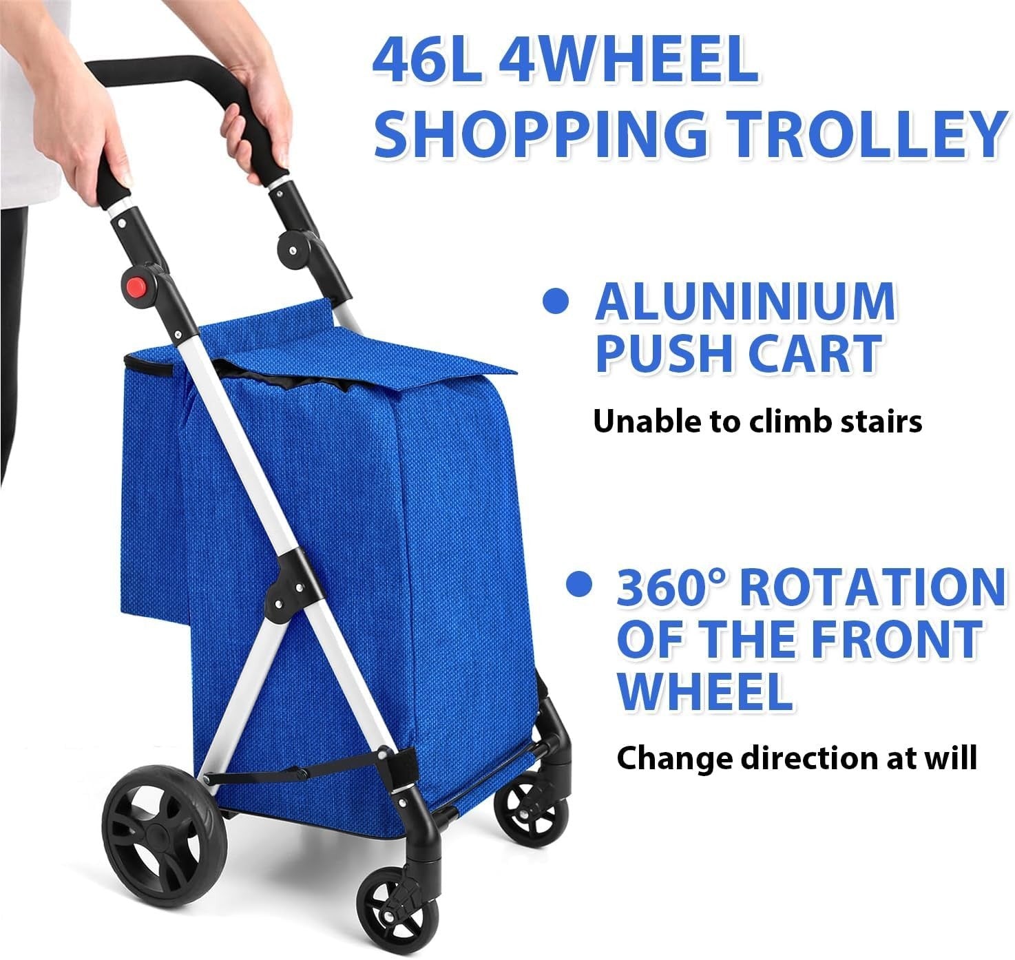 4 Wheel Grocery Shopping Trolley 46L | Foldable Aluminium Cart | Royal Blue