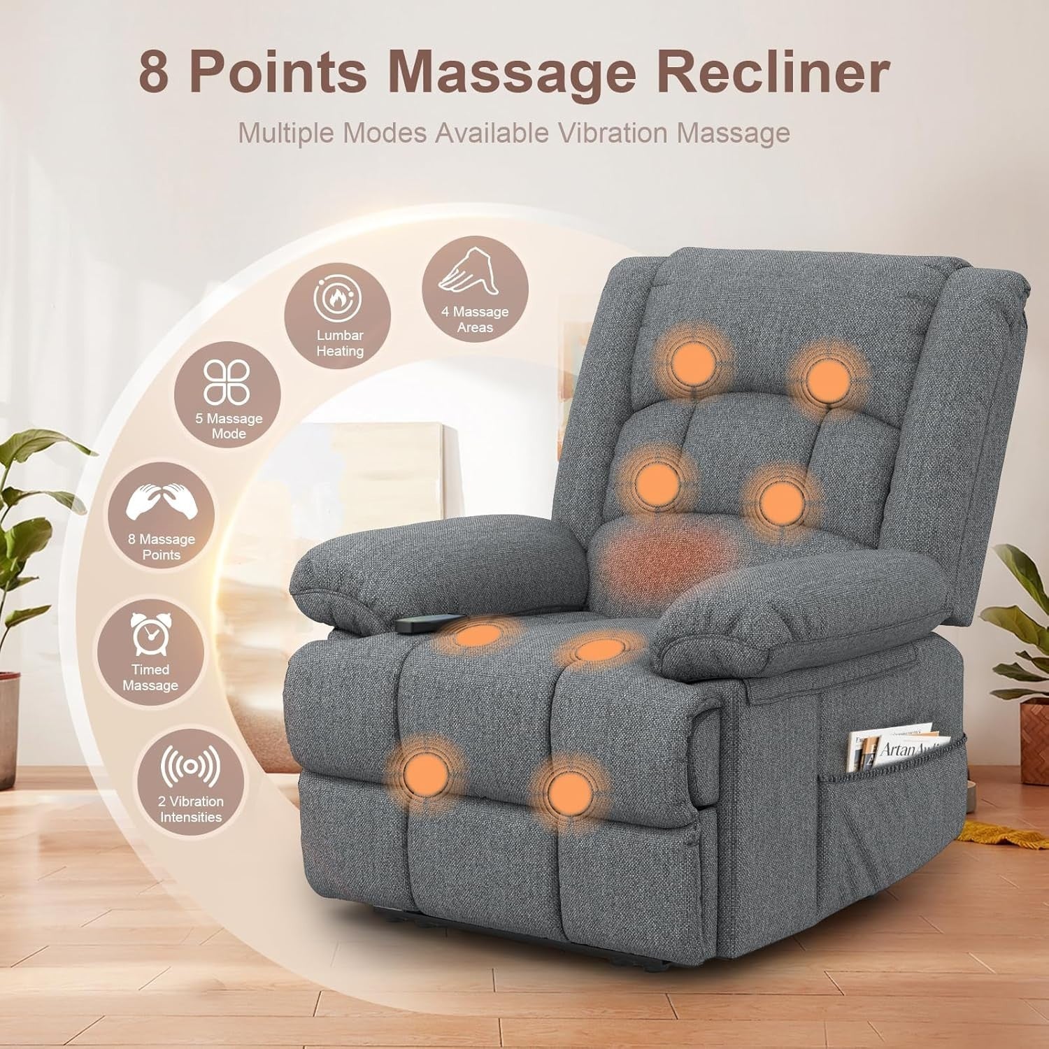 Manual Recliner Chair Massage Heat 135° Recline Footrest Dual Pockets Grey