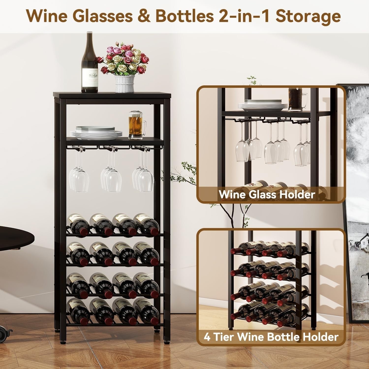 Freestanding Wine Rack 16 Bottle Storage with Hanging Glass Holder Black Shelf