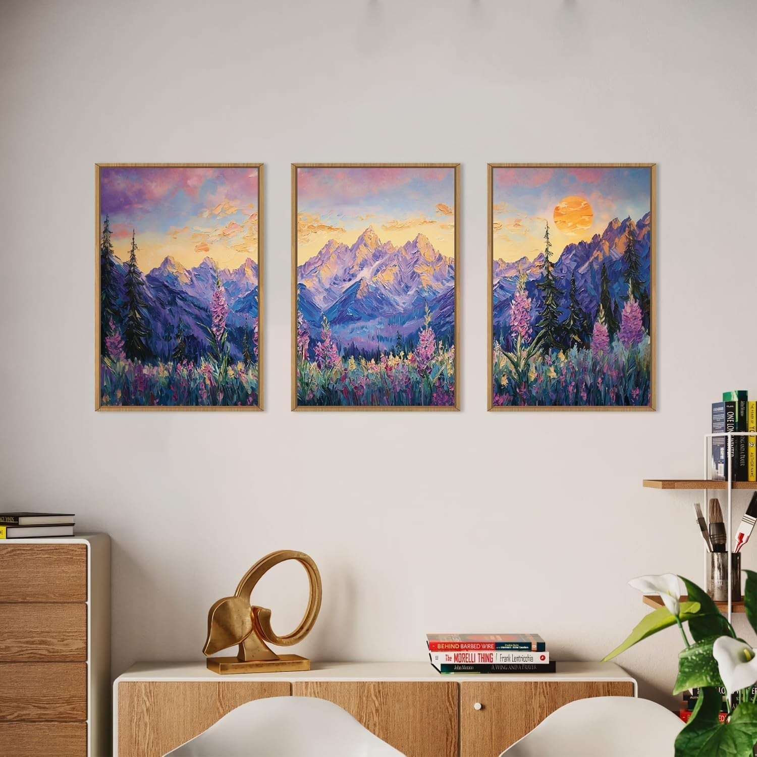 Purple Sunset Mountain Framed Canvas Wall Art Set 3 Nature Landscape Decor