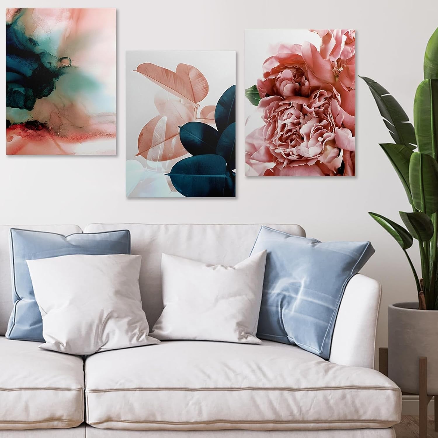 Pastel Flower Wall Art Set of 3 Framed Canvas 12x16in