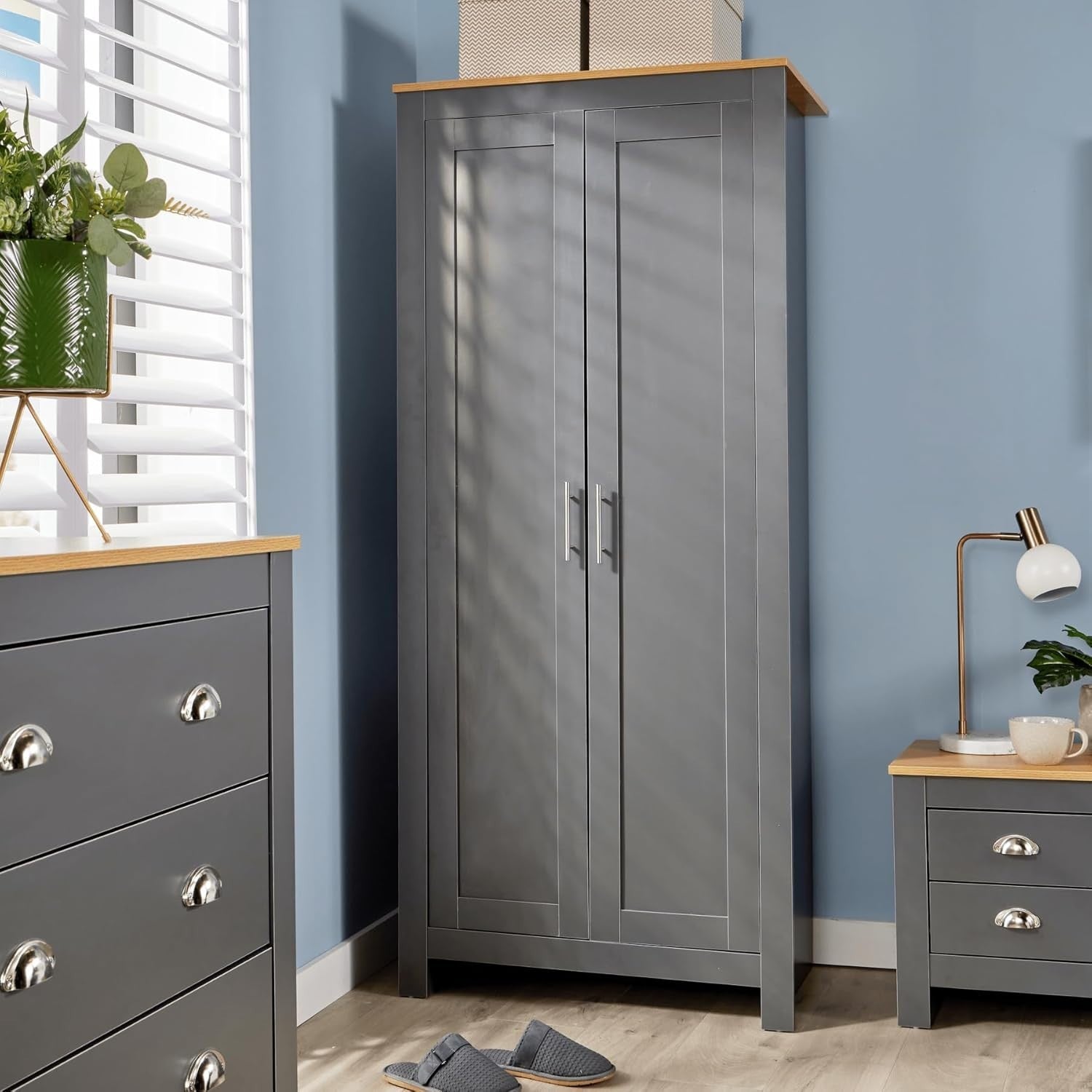 2 Door Dark Grey Wardrobe with Hanging Rail & Deep Storage Shelf