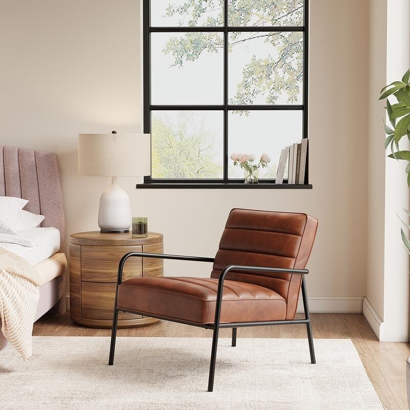Tan PU Leather Accent Armchair Deep Seat Black Metal Frame Modern