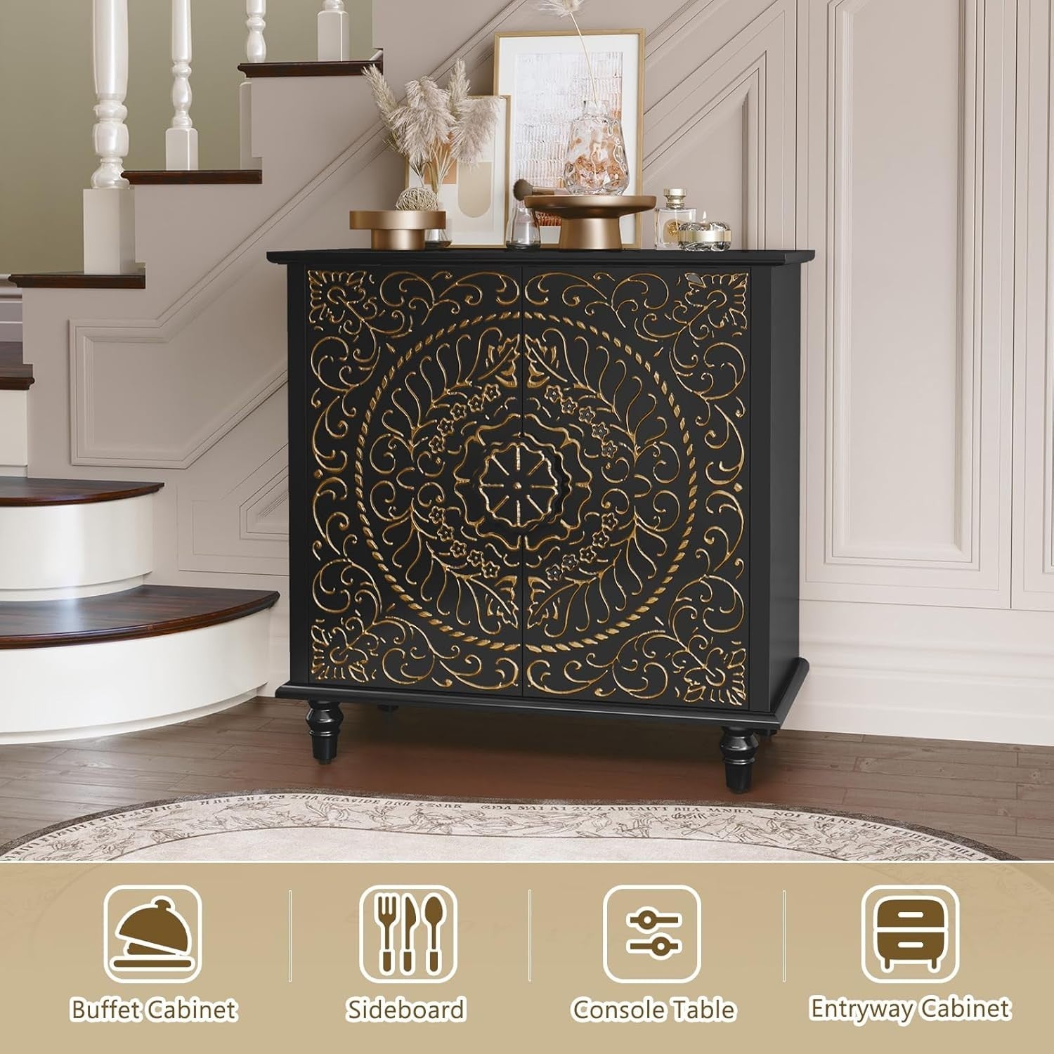 Black Carved Wood Sideboard Cabinet 2 Door Boho Vintage Storage Unit