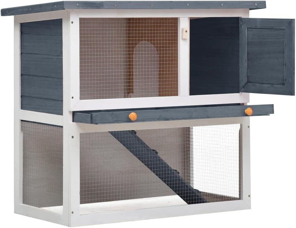 Outdoor Rabbit Hutch Wooden Double Level Cage Weatherproof Ramp Design