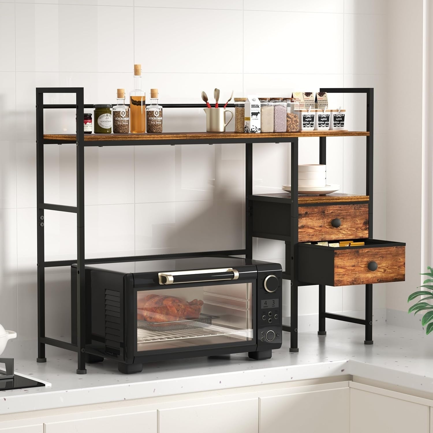 39" Desk Hutch Shelf Rustic Brown | 4-Tier Desktop Organizer Rack with Drawers