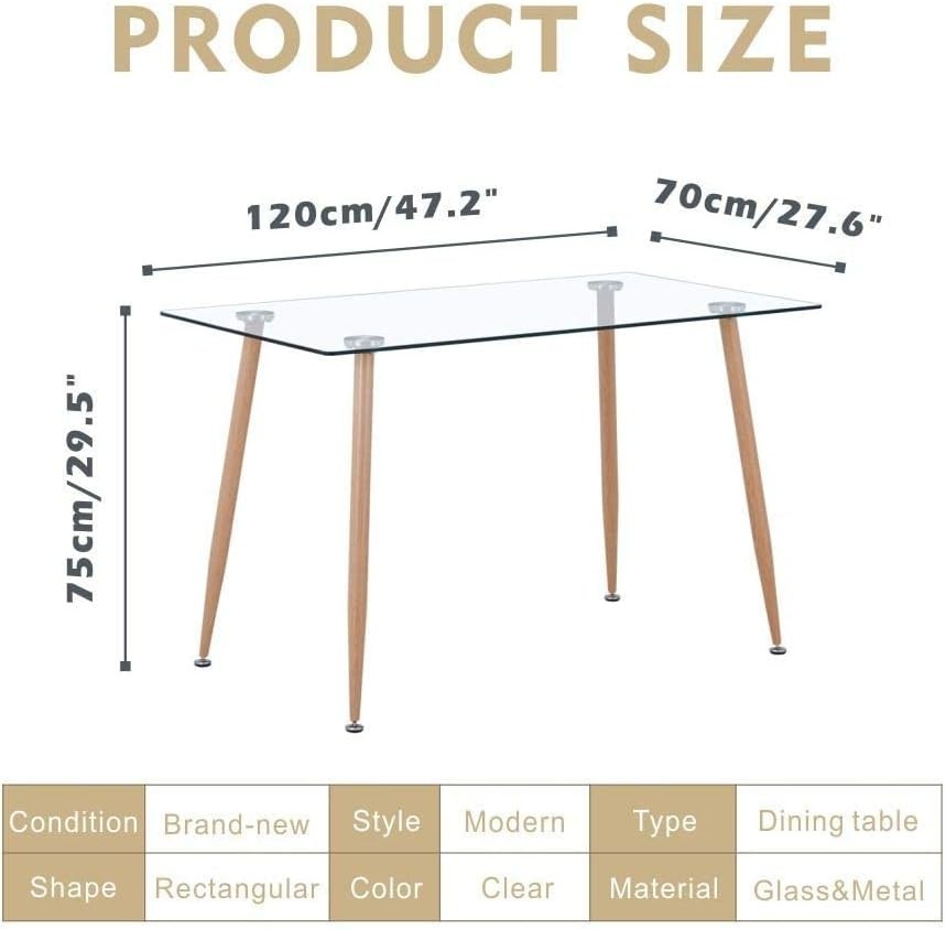 Modern Rectangular Glass Dining Table with Wood Style Legs 4 6 Seater 120cm