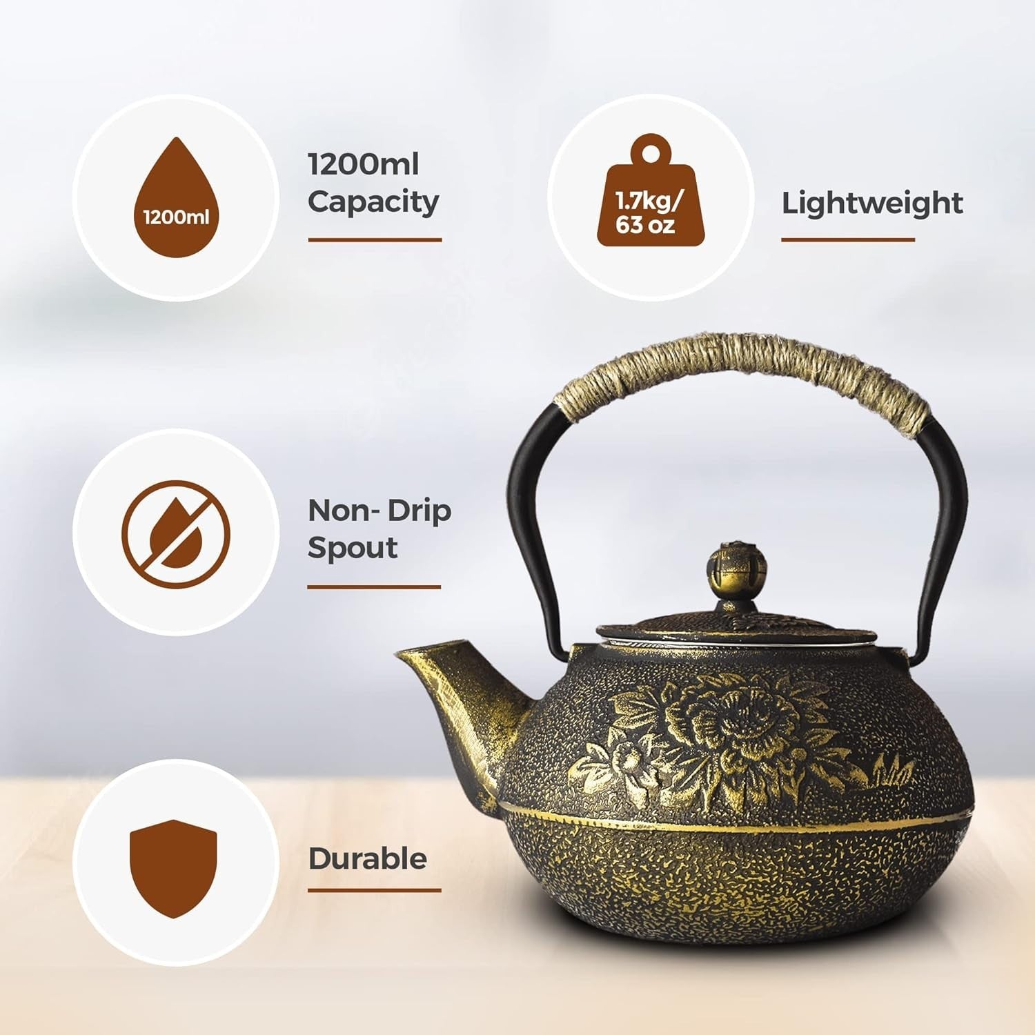 Cast Iron Teapot 1200ml Chinese Tetsubin Tea Pot w Infuser Black Gold