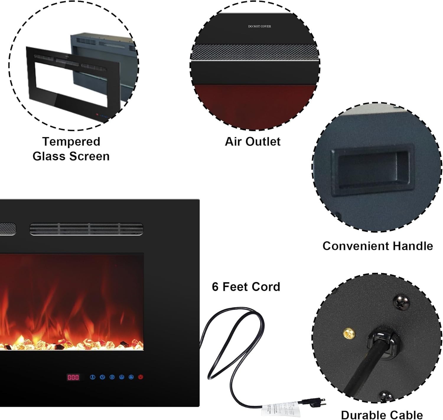 60" Wall Mounted Electric Fireplace Heater LED Log Flame Remote Timer