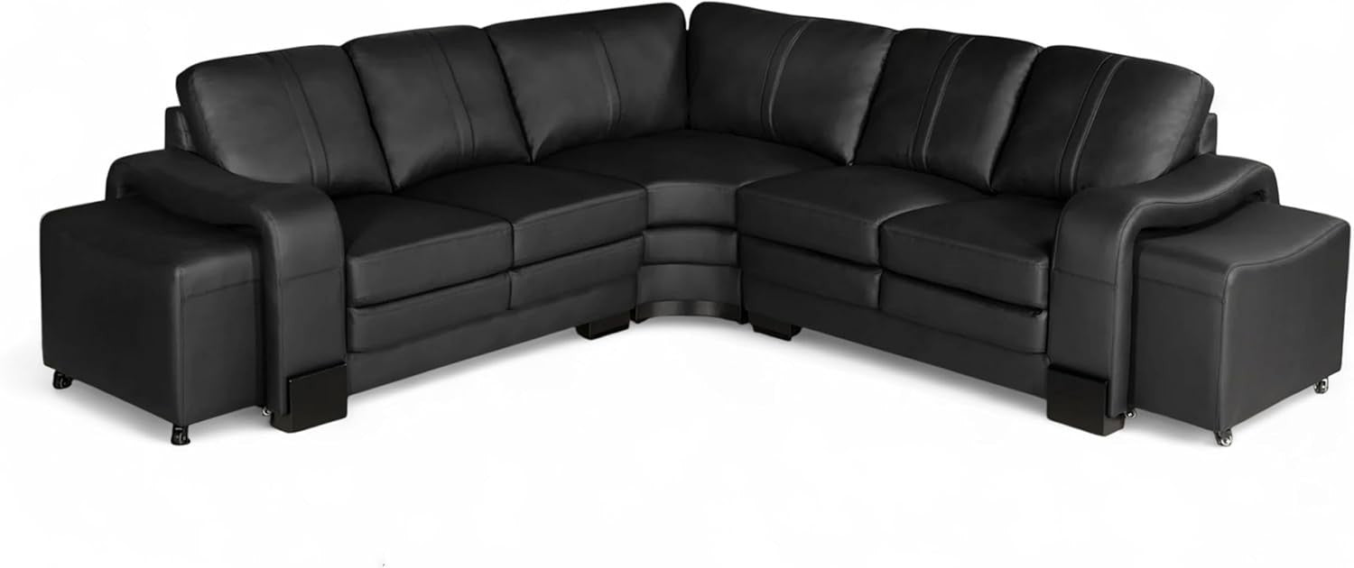 Genuine Leather Black 5-Seater Corner Sofa with Ottomans – Durable & Stylish