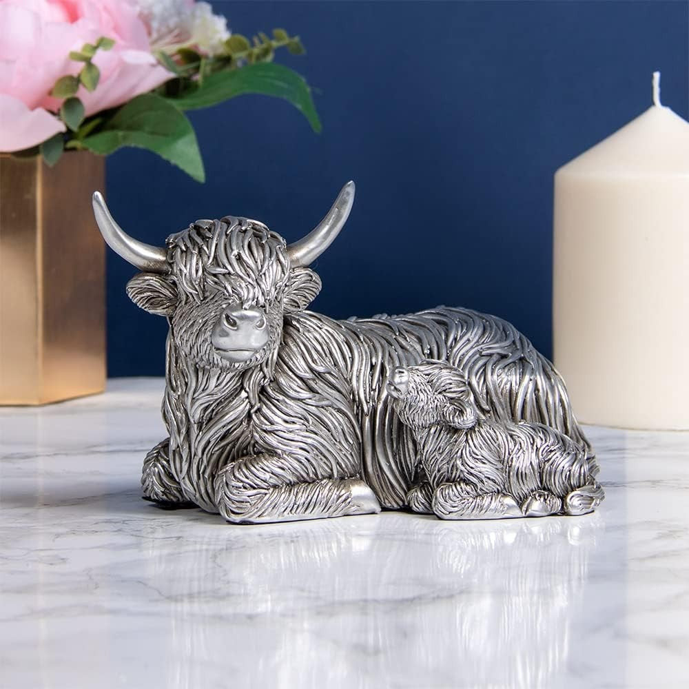 Silver Highland Cow & Calf Ornament | Rustic Farmhouse Figurine Shelf Decor Gift