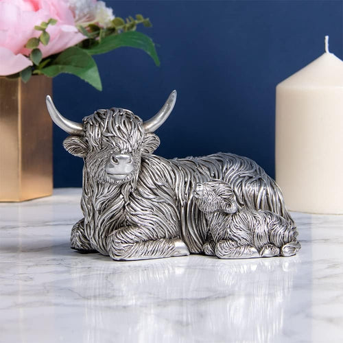 Silver Highland Cow & Calf Ornament | Rustic Farmhouse Figurine Shelf Decor Gift