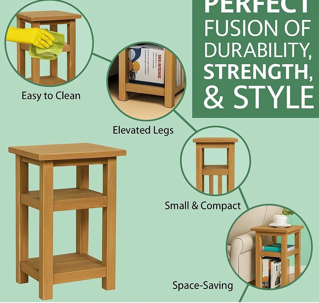 Oak Small Side Table 27x35x55 cm | Solid Wood End Table w/ Storage