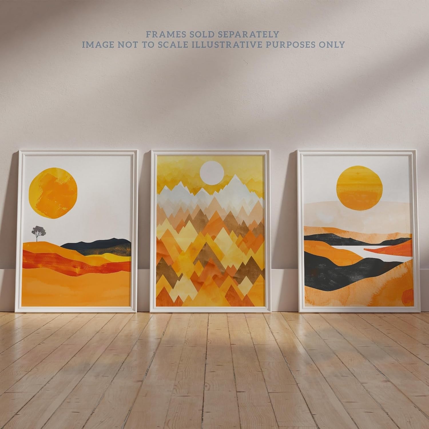 Set of 3 Orange Sunset Mountain Wall Art Prints 12x16 Modern Living Room