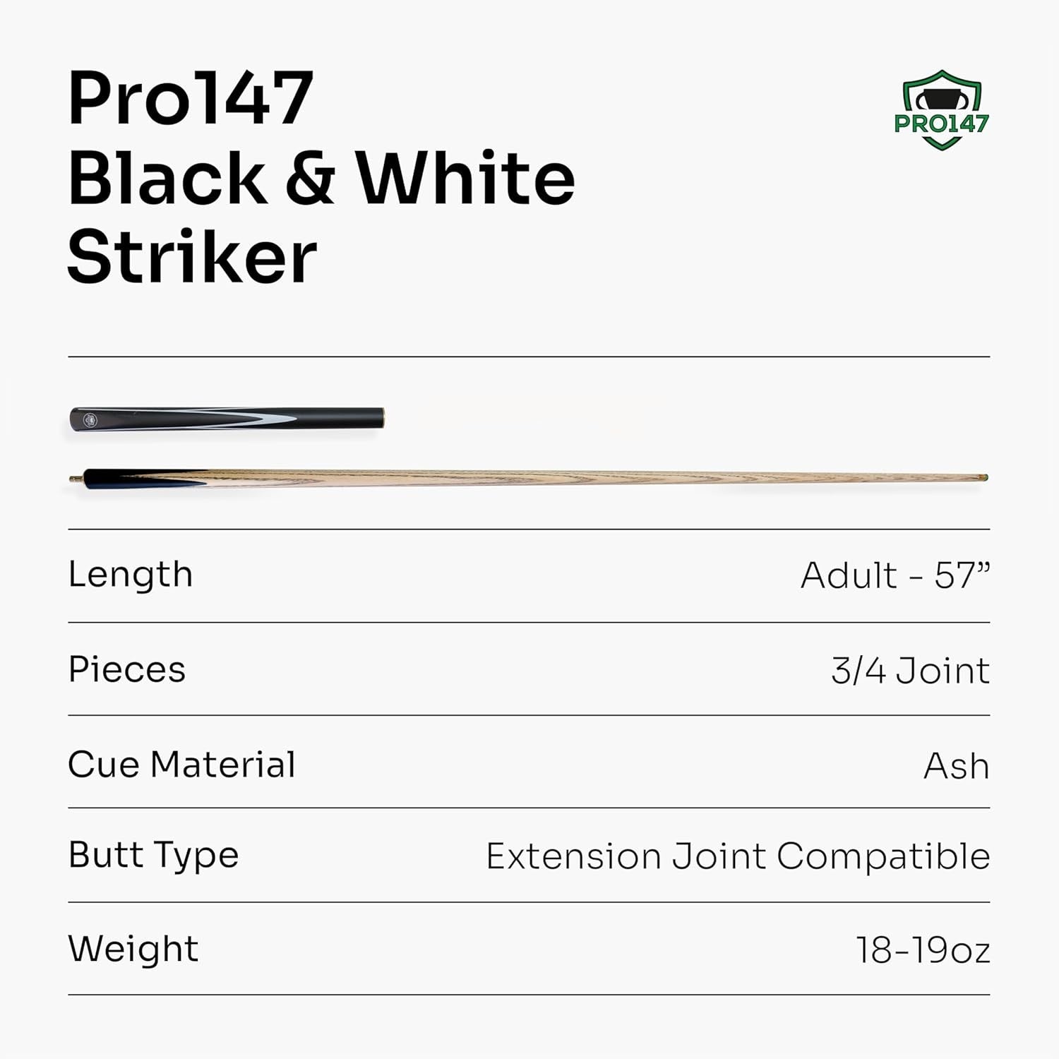 57in 3/4 Joint Ash Snooker Pool Cue 9.5mm Layered Tip Extension