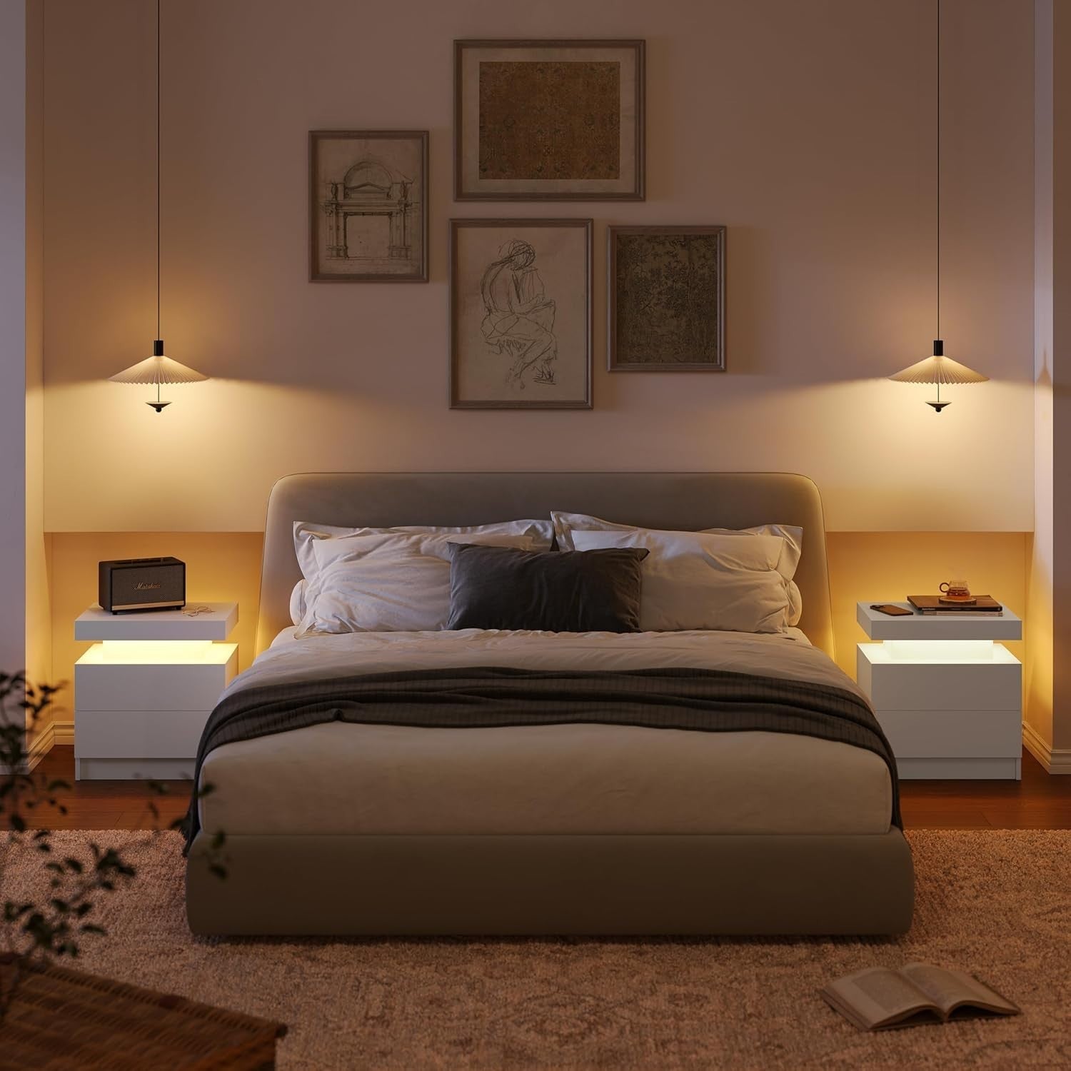 Modern LED Bedside Tables Set of 2 with RGB Lights & Drawers – White Nightstands