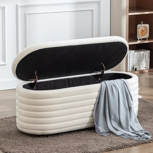 White Faux Fur Upholstered Ottoman Storage Bench Wooden Frame Seat 115x43x46cm