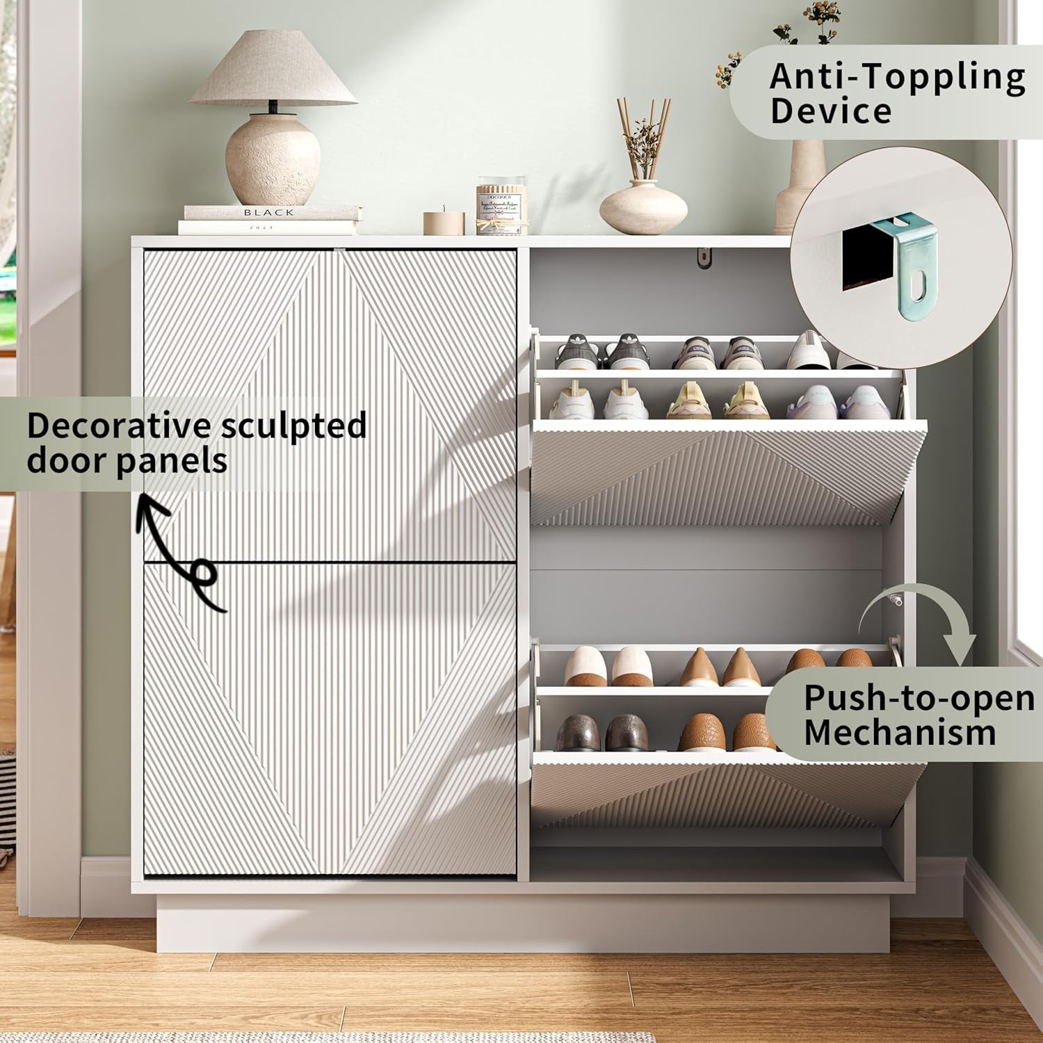 White Slim Shoe Cabinet 4 Flip Drawers | Anti-Tip, 99cm Wide Storage