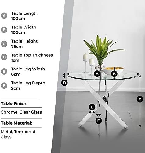 Round 100cm Clear Glass Dining Table Silver Chrome Metal Legs 4 Seater