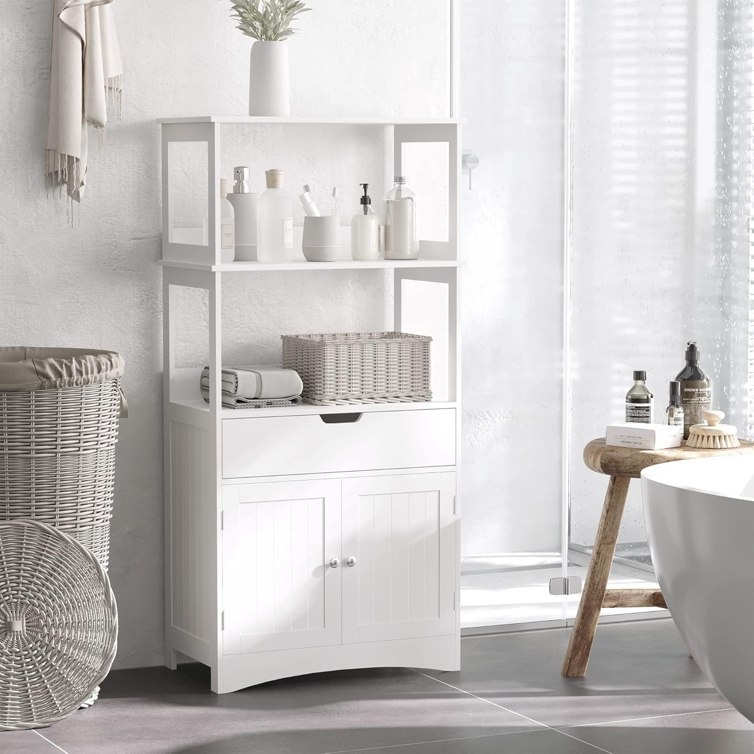 White Freestanding Bathroom Storage Cabinet with Shelves Drawer Doors