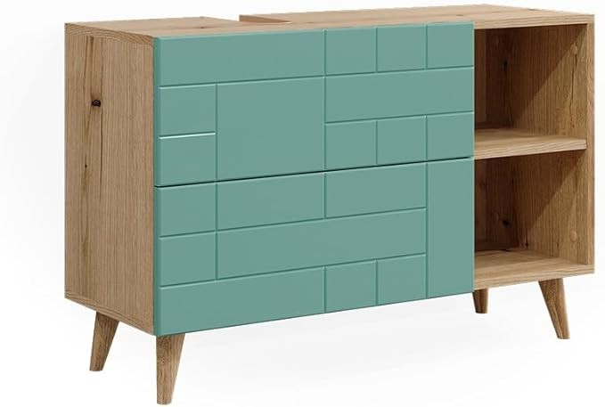 Mint Green Oak Sink Cabinet 90cm Vanity Unit with Drawers & Open Shelf Modern