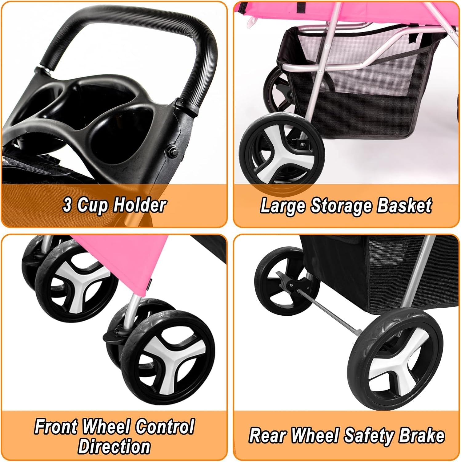 Pet Travel Stroller Dog Cat Pushchair 4 Wheel Folding Pram Jogger Pink