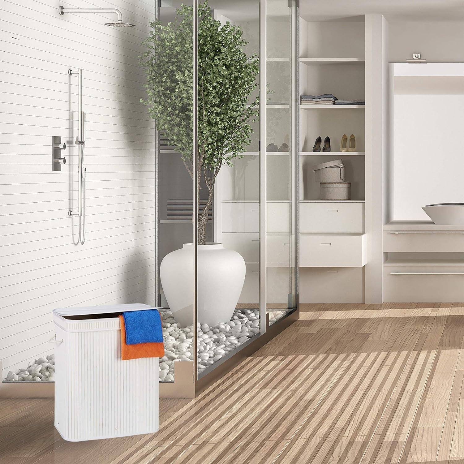 72L Bamboo Laundry Hamper with Lid & 2 Compartments Ventilated White Basket