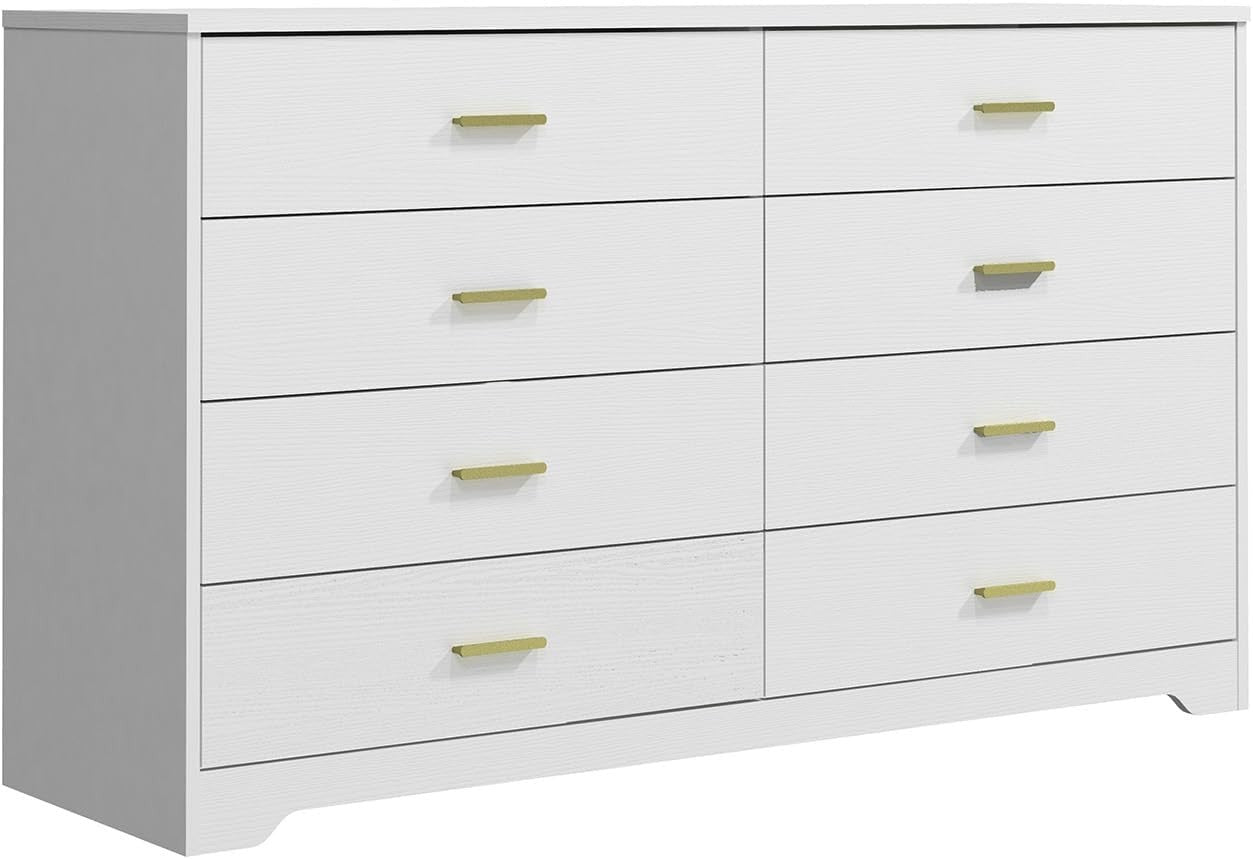 White 8 Drawer Wide Chest Storage Dresser Gold Handles Bedroom Unit