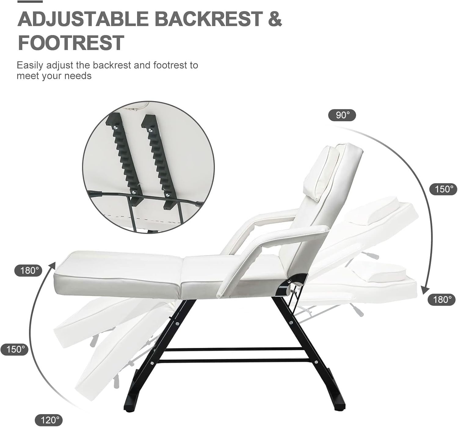 Adjustable 3-Section Massage Table with Stool Salon Lash Tattoo Bed White 184cm