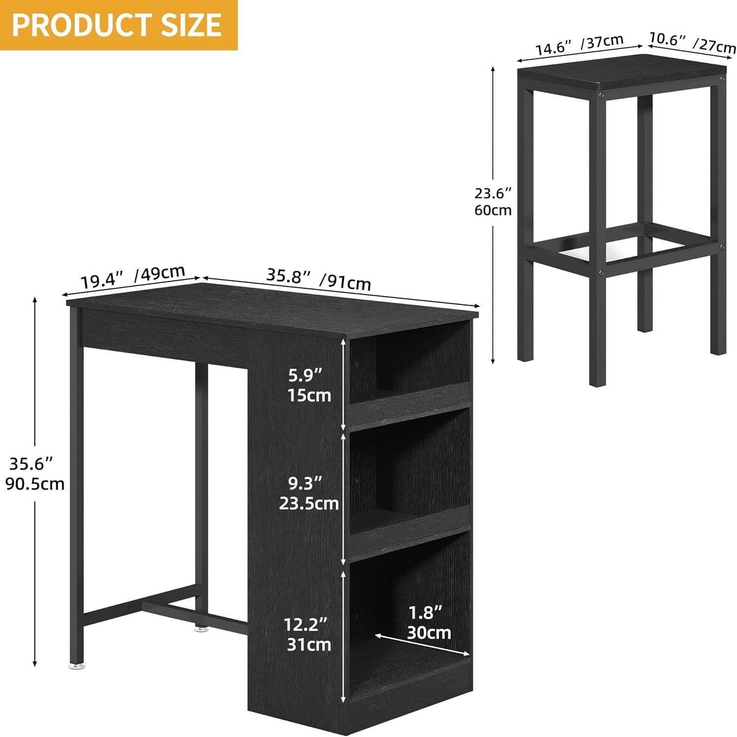 Black Bar Table Set with 2 Stools Industrial Wood Top Storage Shelves Furniture