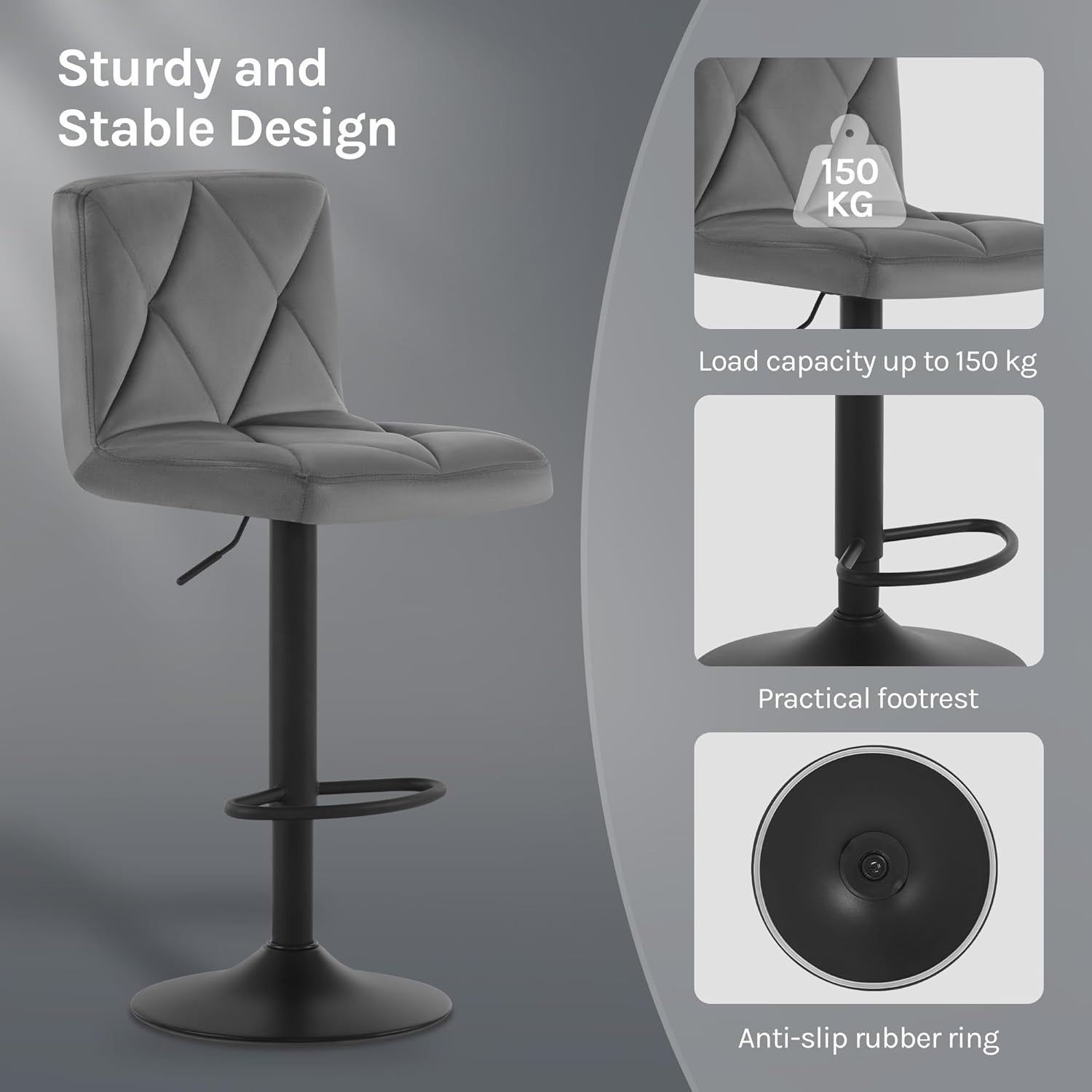Adjustable Swivel Bar Stools Set of 2 – Soft Flannel, Metal Frame, 60-80cm