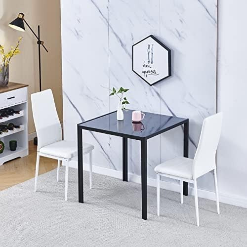 Square Glass Dining Table Set 75x75x75cm White Chairs 2-Seater