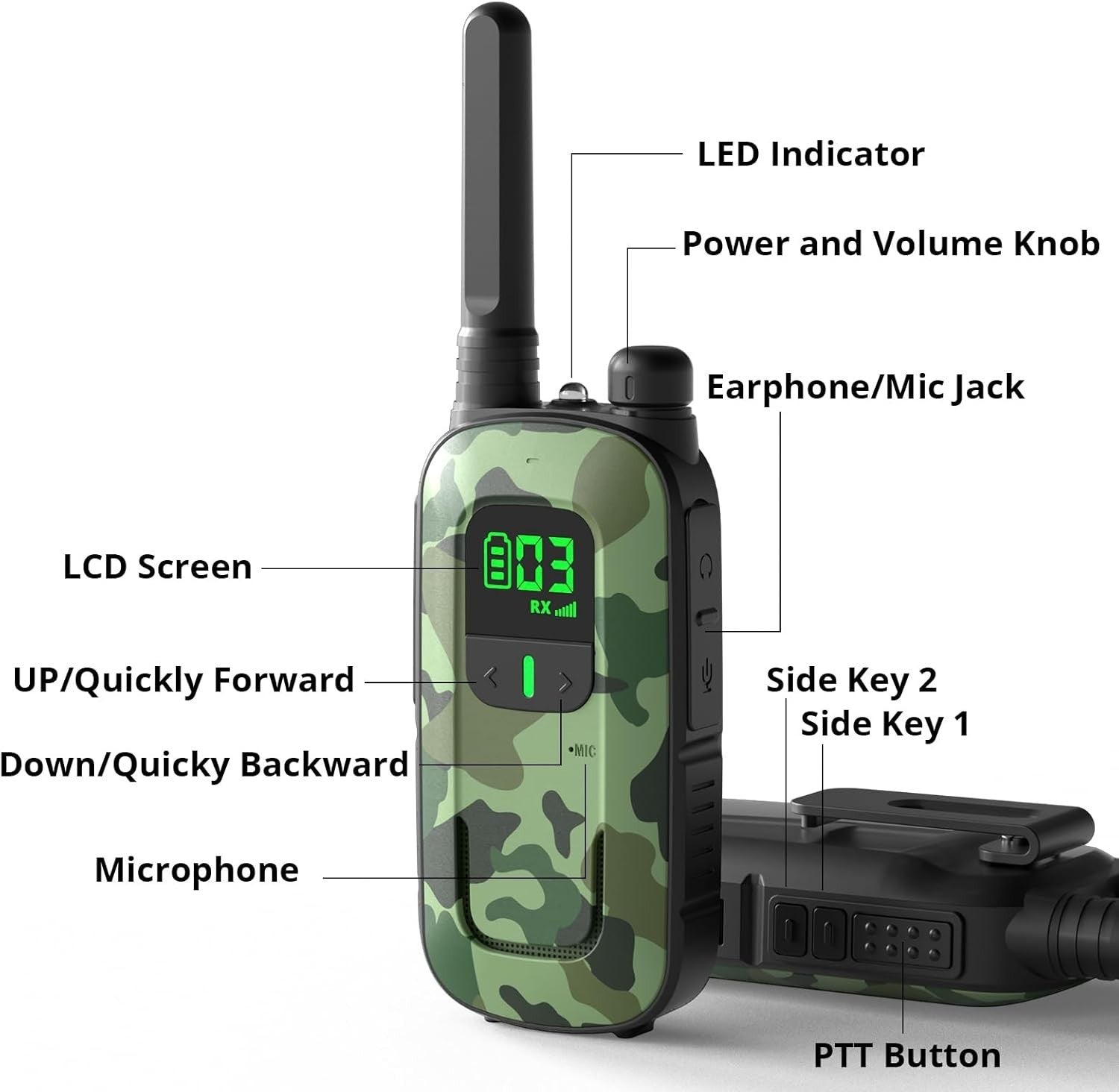 Rechargeable Walkie Talkies PMR 16 Channel VOX Flashlight Earpiece