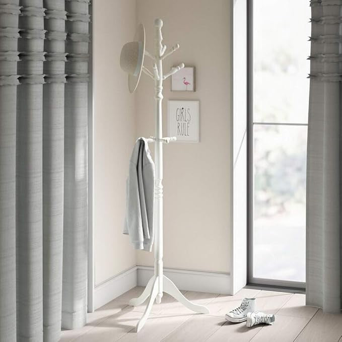 White Wooden Coat Rack Stand with 9 Hooks | Freestanding Solid Wood Hallway