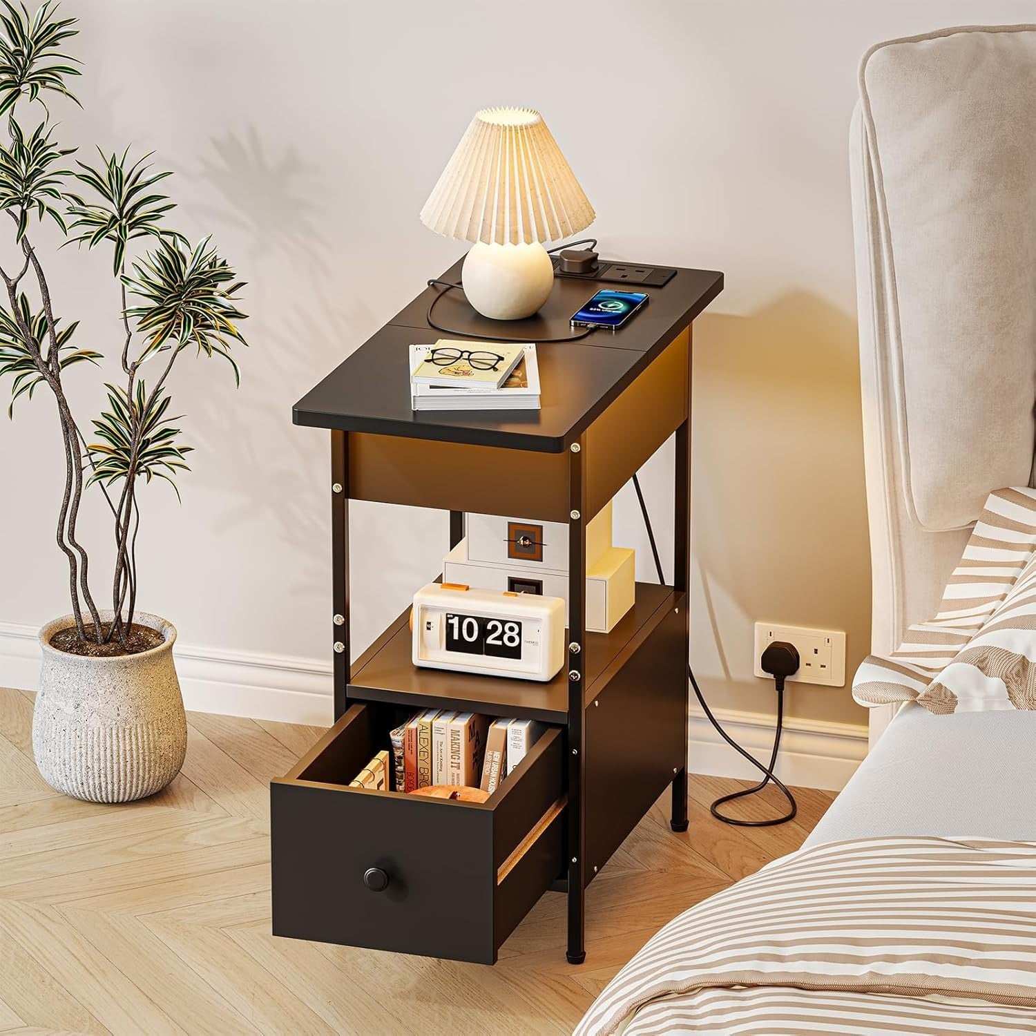 Slim Black Smart Bedside Table with LED Light, USB Charging & Drawer