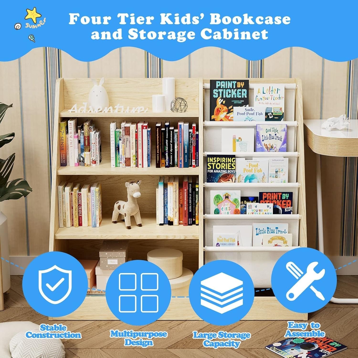 Kids Bookcase with 5 Sling Pockets & 4 Shelves – Wooden Toy & Book Organizer
