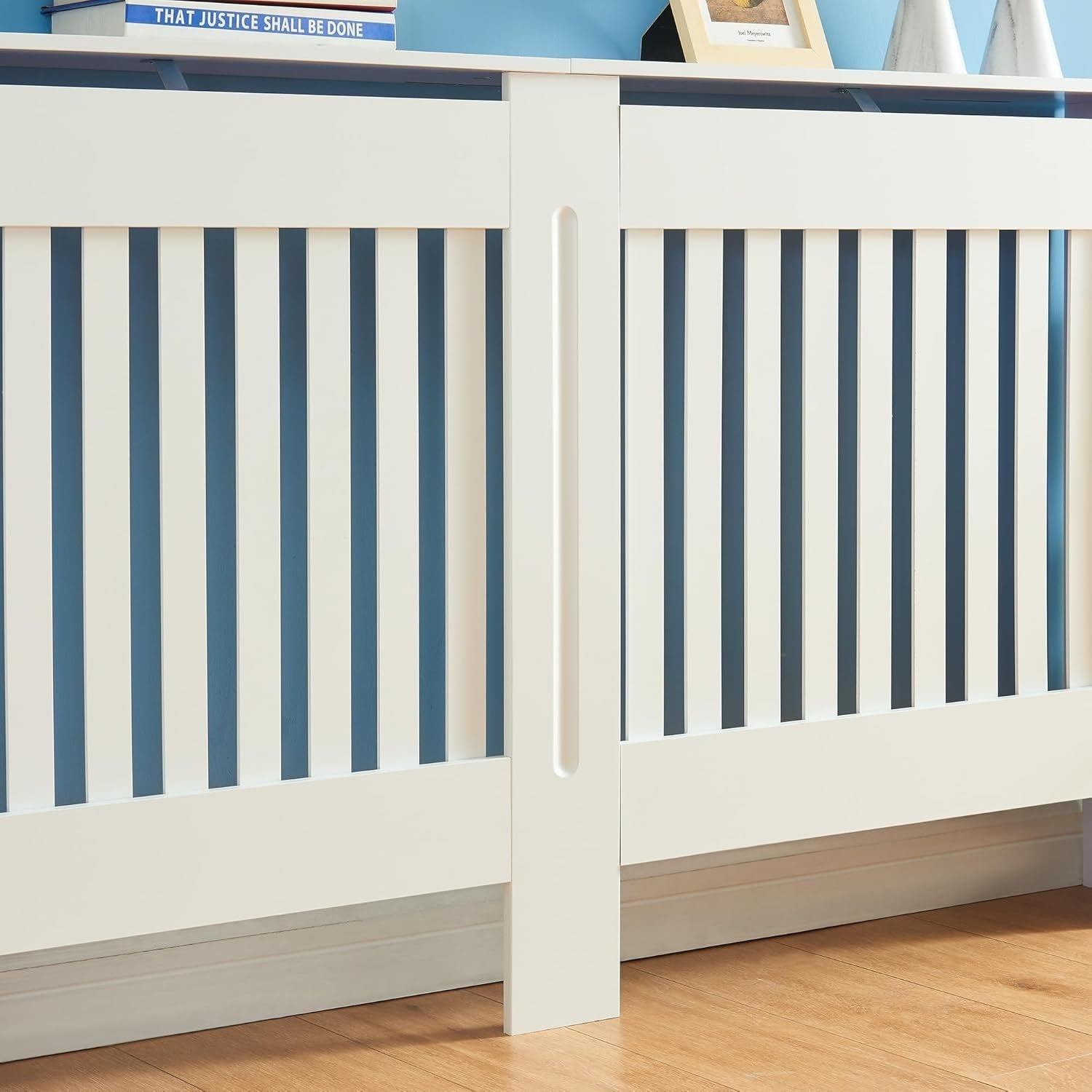 White Radiator Cover Large 152cm Modern Slatted Wood Cabinet Heating Shelf