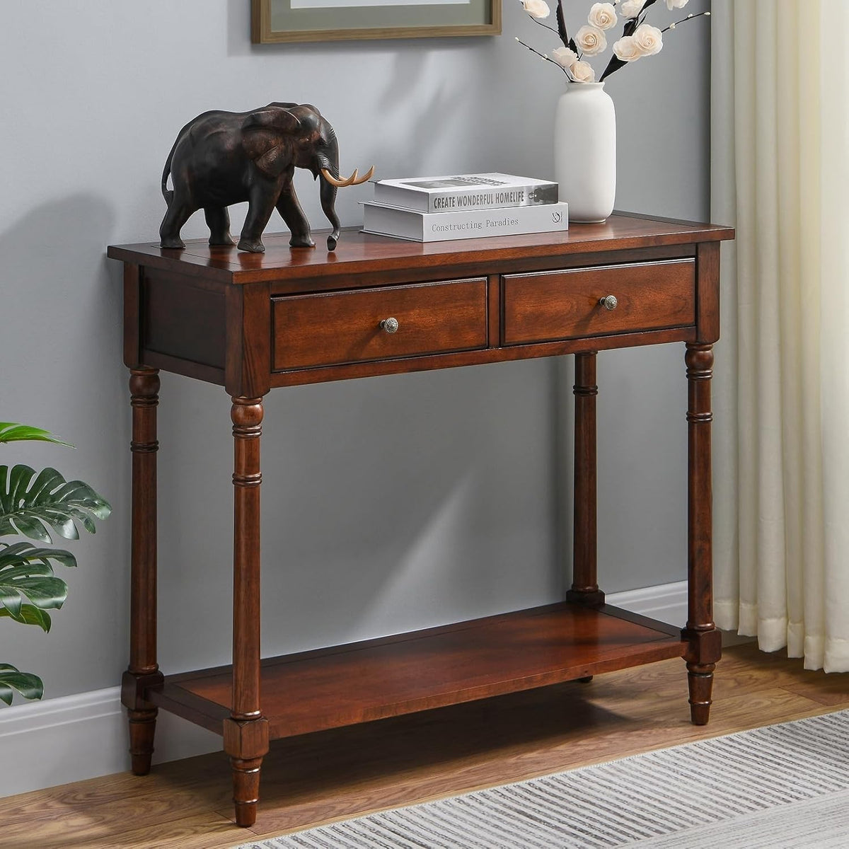 Solid Wood Console Table 90x35x77cm with 2 Drawers & Open Storage Shelf