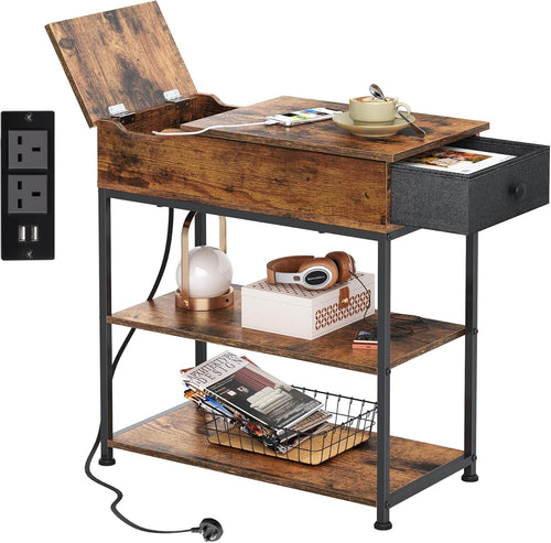 Narrow Side Table with Charging Station, USB & AC Outlets, Storage Drawer