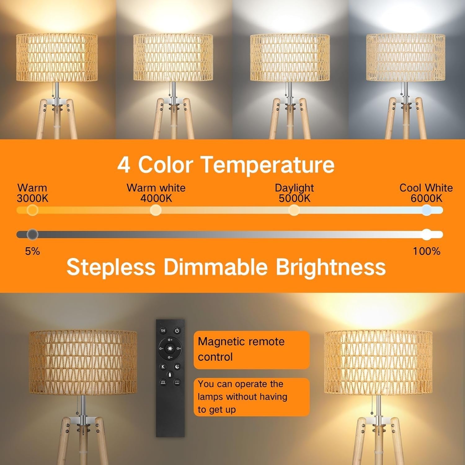 Adjustable Rattan Floor Lamp with Shelves & Remote, Dimmable Warm Light