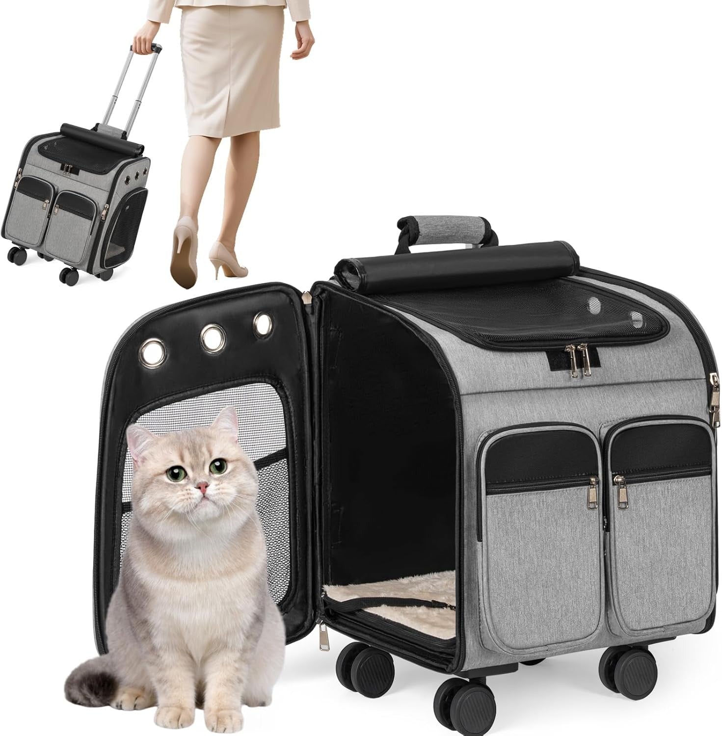 Cat Carrier with Wheels 3-in-1 Backpack Trolley Travel Bag Grey
