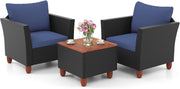3 Piece Rattan Bistro Set with Storage Table Garden Patio Chairs Cushions