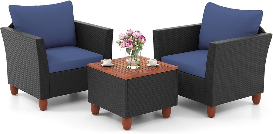 3 Piece Rattan Bistro Set with Storage Table Garden Patio Chairs Cushions