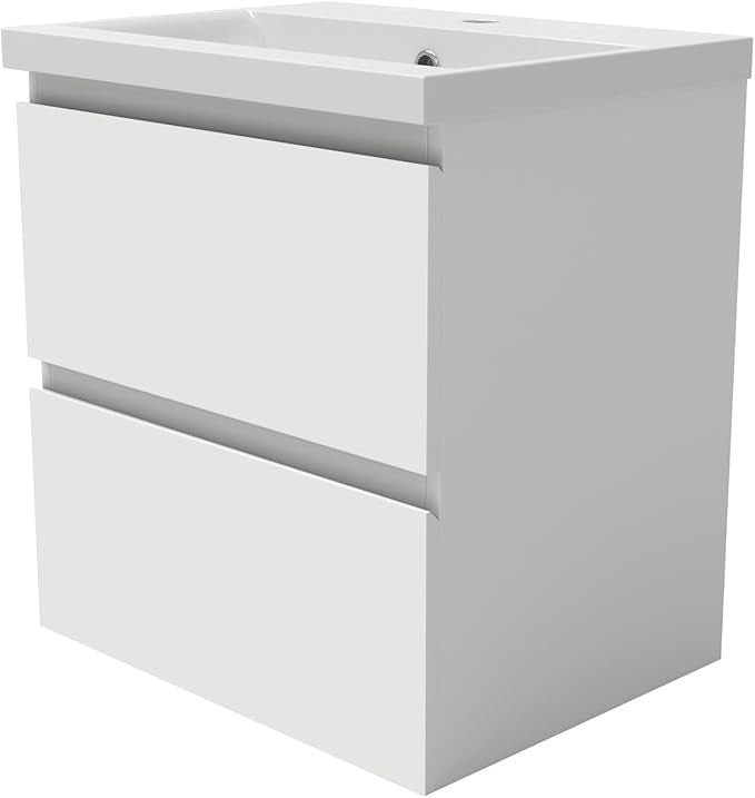 600mm Wall Hung Gloss White Vanity Unit – 2 Drawer Sink Cabinet with Basin