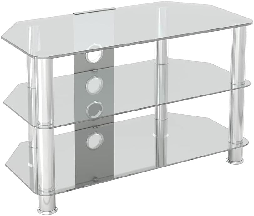 Clear Glass TV Stand 80cm Wide for TVs up to 43" | Chrome Legs | Cable Mgmt