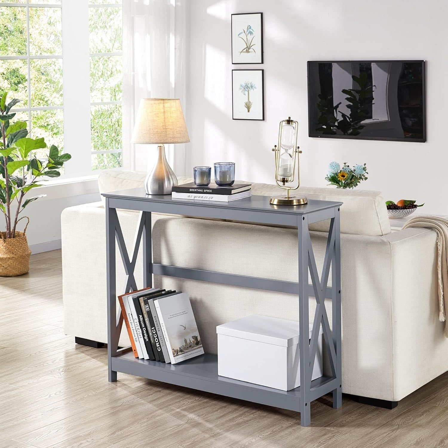 Slim 2-Tier Grey Console Table with X-Frame for Hallway & Living Room