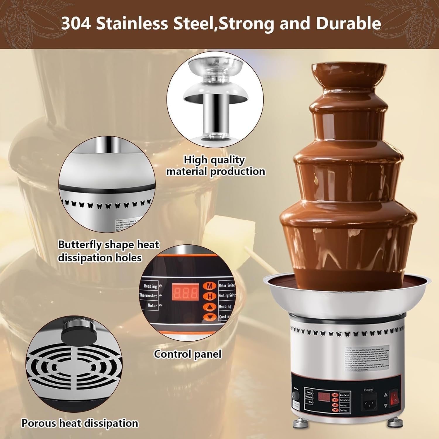 Commercial Chocolate Fountain Machine Multi Tier Fondue Melter Steel