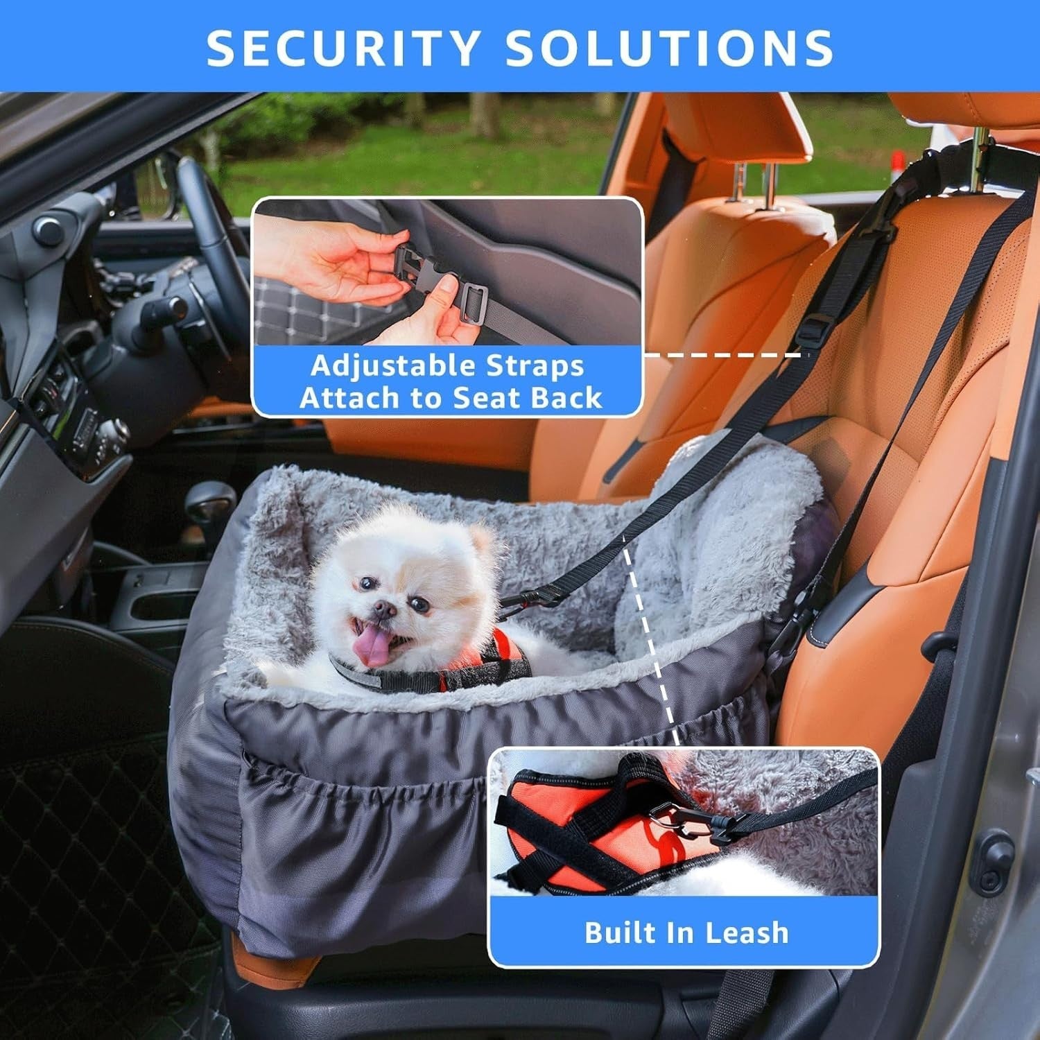 Luxury Dog Booster Car Seat Washable Travel Bed Safety Leash Grey