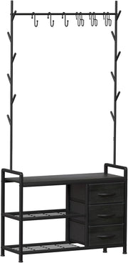 Industrial Coat Rack with Drawer & Shelves | Hall Tree Stand with 6 Hooks