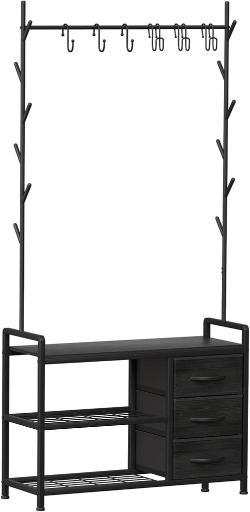 Industrial Coat Rack with Drawer & Shelves | Hall Tree Stand with 6 Hooks